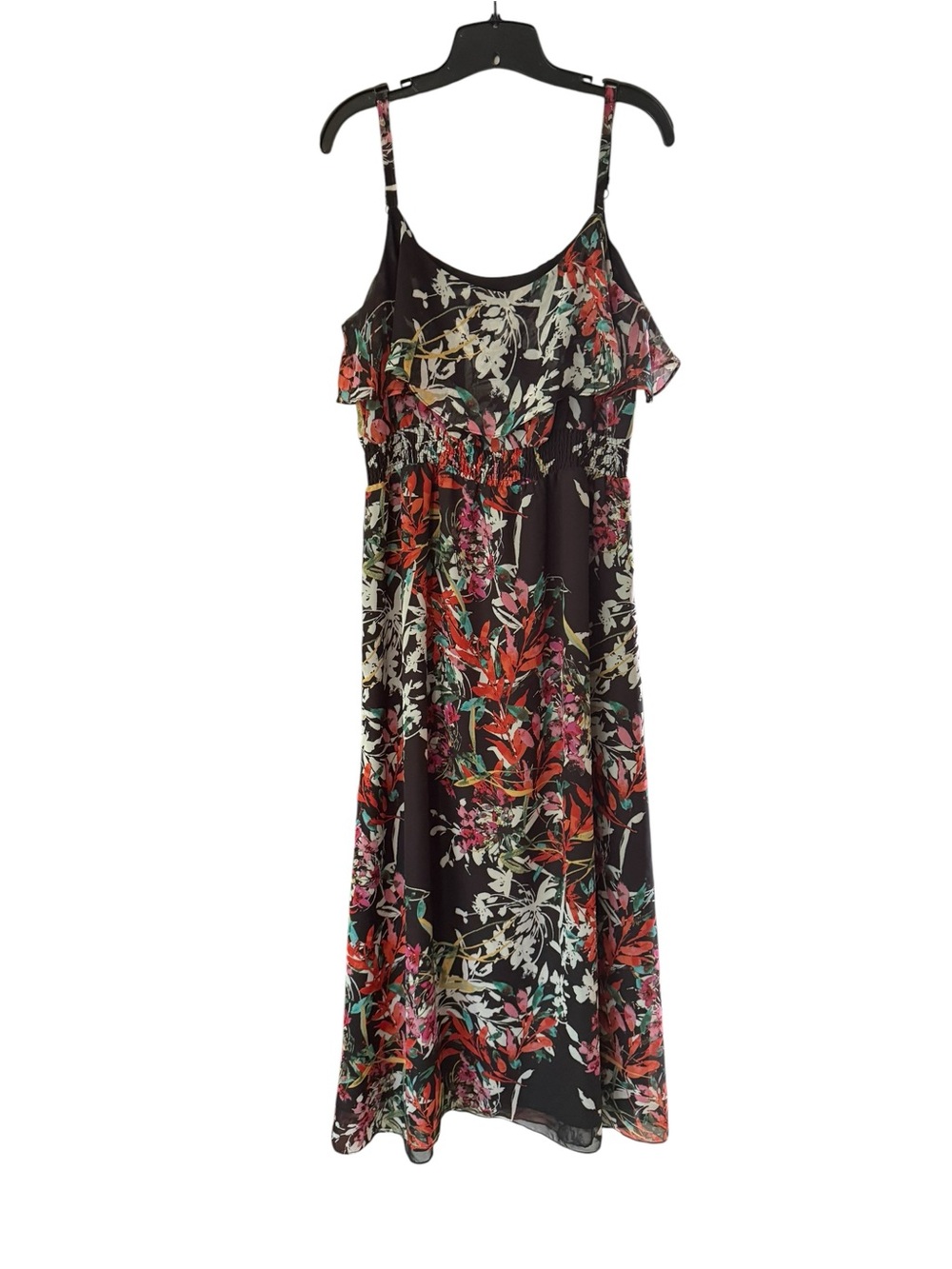 Black Floral Smocked Chiffon Tiered Boho Maxi Dress Ruffle Size Large - Picture 3 of 15